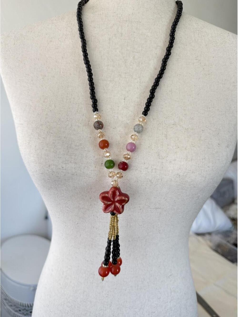 Handmade Boho Ceramic Flower Tassel Necklace